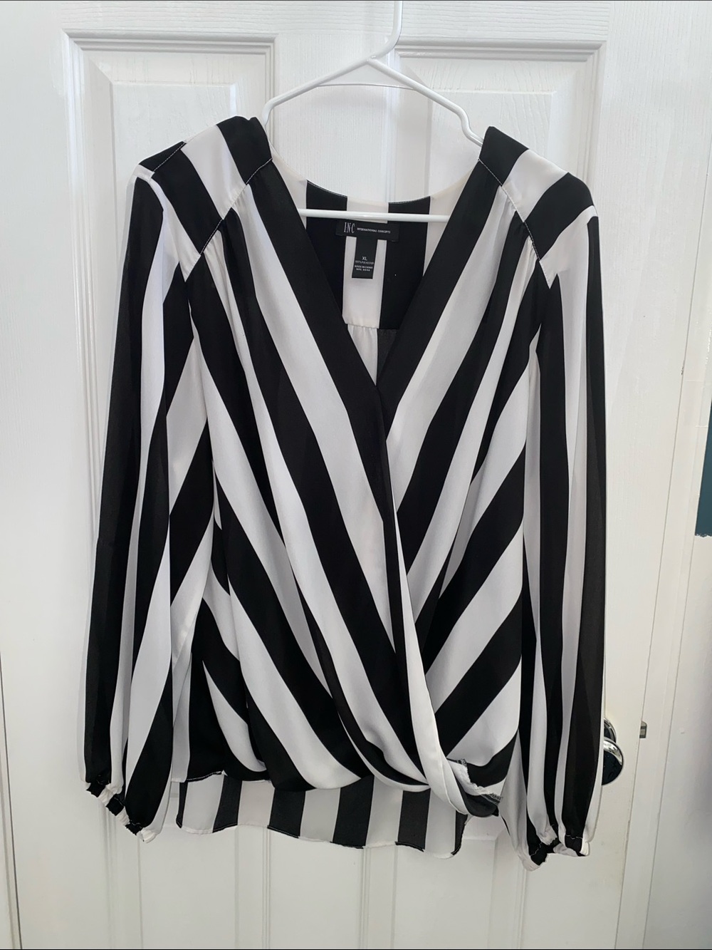 INC International Concepts Black and White Diagonal Stripe V-Neck Blouse